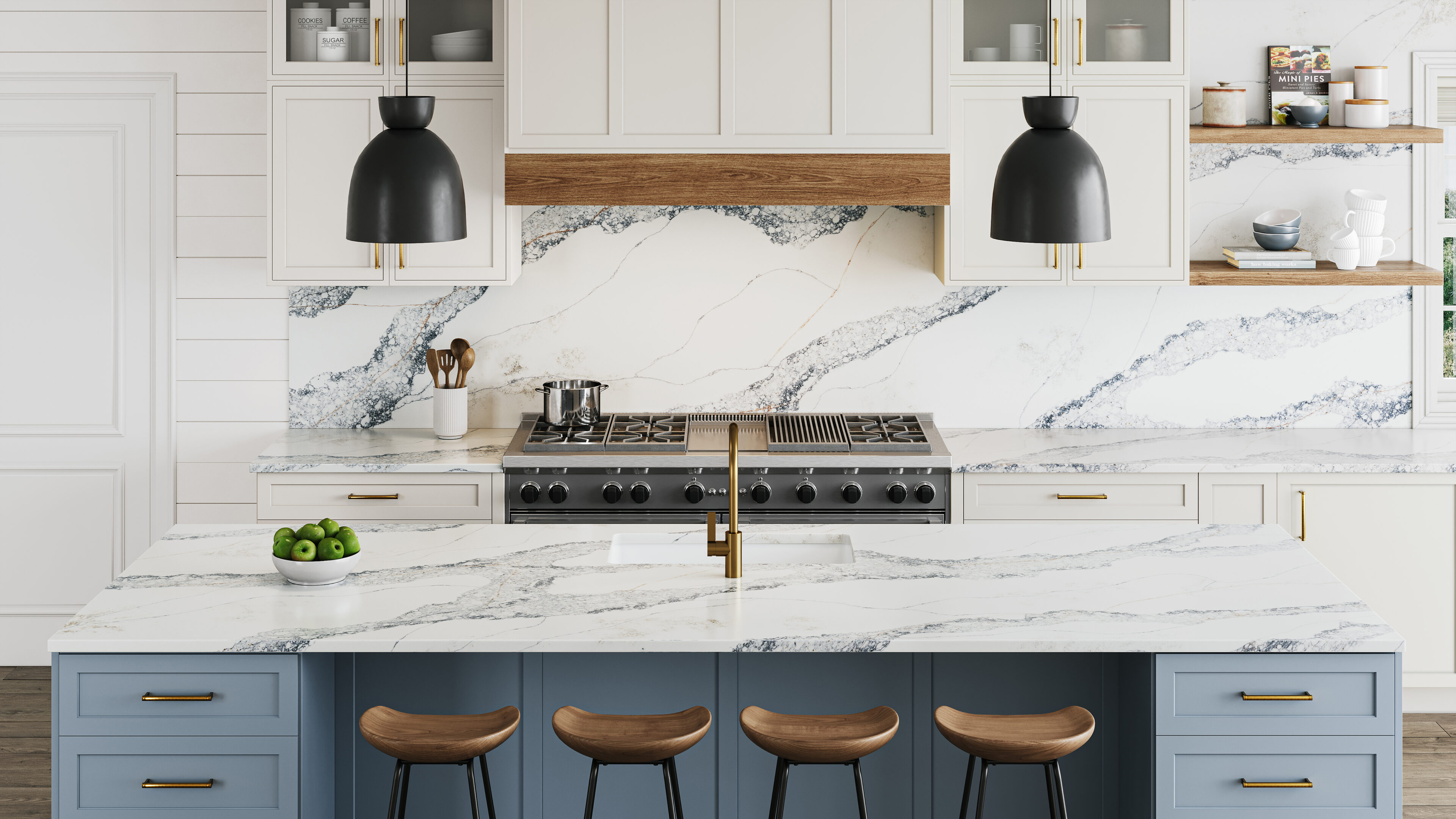 Manta Quartz kitchen island with premium quartz countertop in elegant luxury interior design